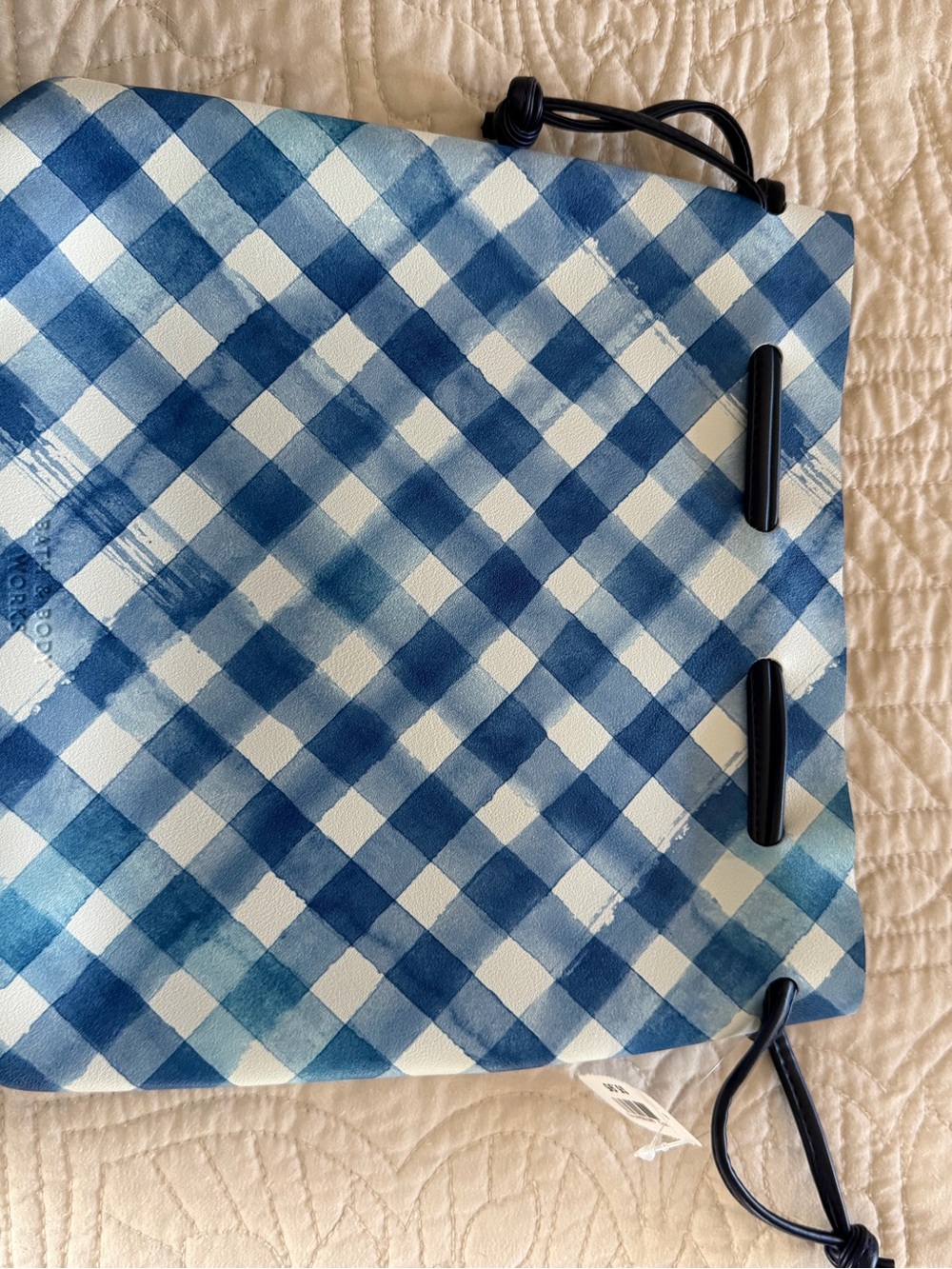 Bath and Body Works Blue Gingham Drawstring Tote Bag